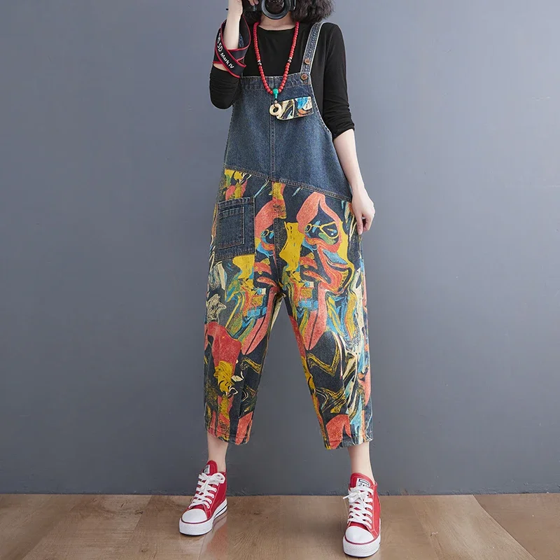 Streetwear Y2K Patchwork Printing Denim Jumpsuit Women Loose Wide Leg Dungarees Baggy Pants Rompers Spring Summer Jeans Overalls