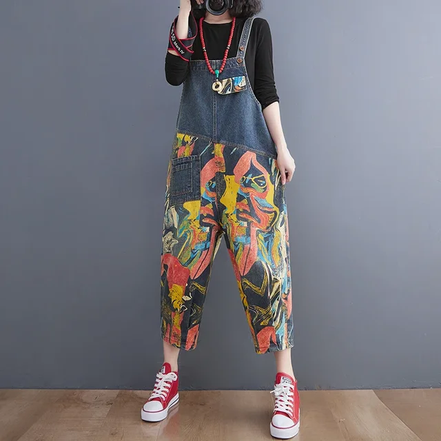 Streetwear Y2K Patchwork Printing Denim Jumpsuit Women Loose Wide Leg Dungarees Baggy Pants Rompers Spring Summer Jeans Overalls