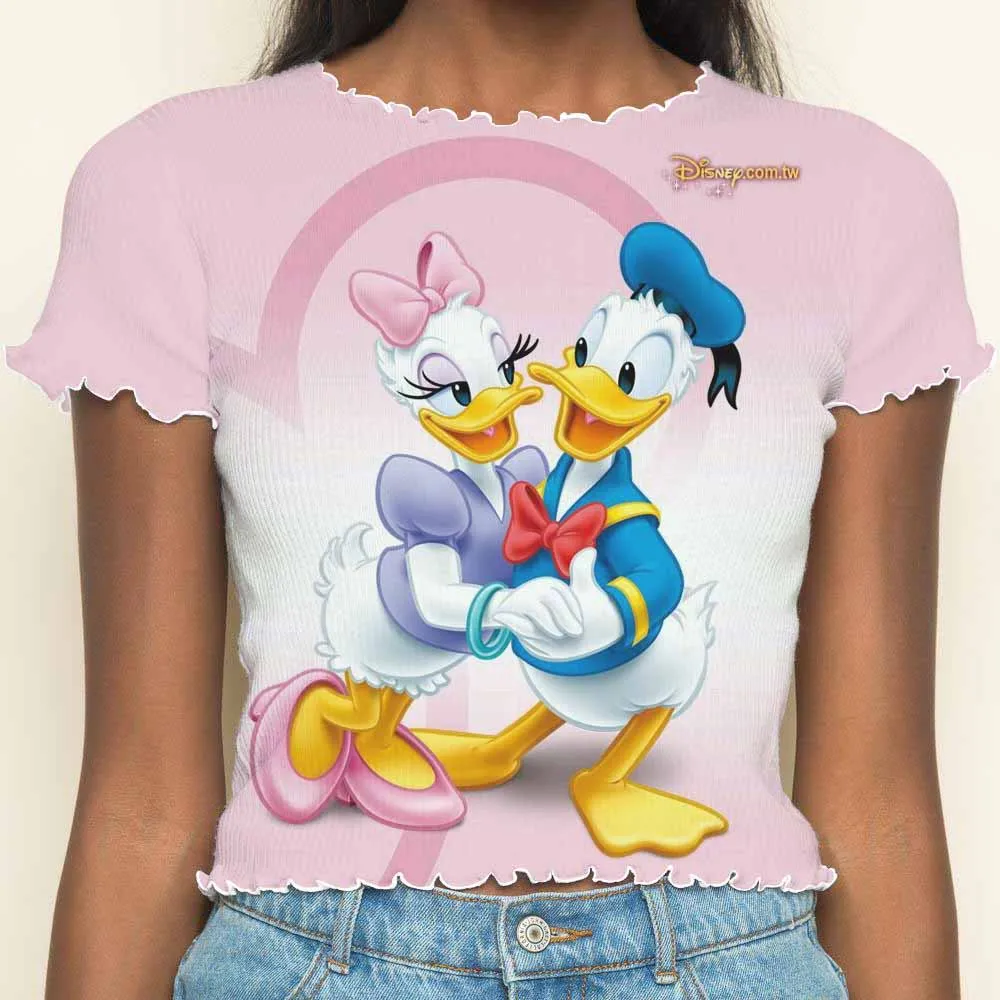 Woman Clothing T-shirts Summer Clothes Women 2024 Short Sleeve Crop Tops Sexys Donald Duck T-shirt Lettuce Trim Top Disney Tees