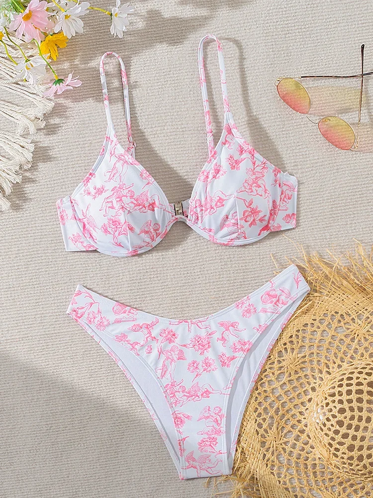 UETEEY Sexy Print Rückenfreier Bikini 2-teiliges Set Damen Split Badeanzug Strandurlaub Bikinis 2025 Neue Sommer Bademode Bikinis Set