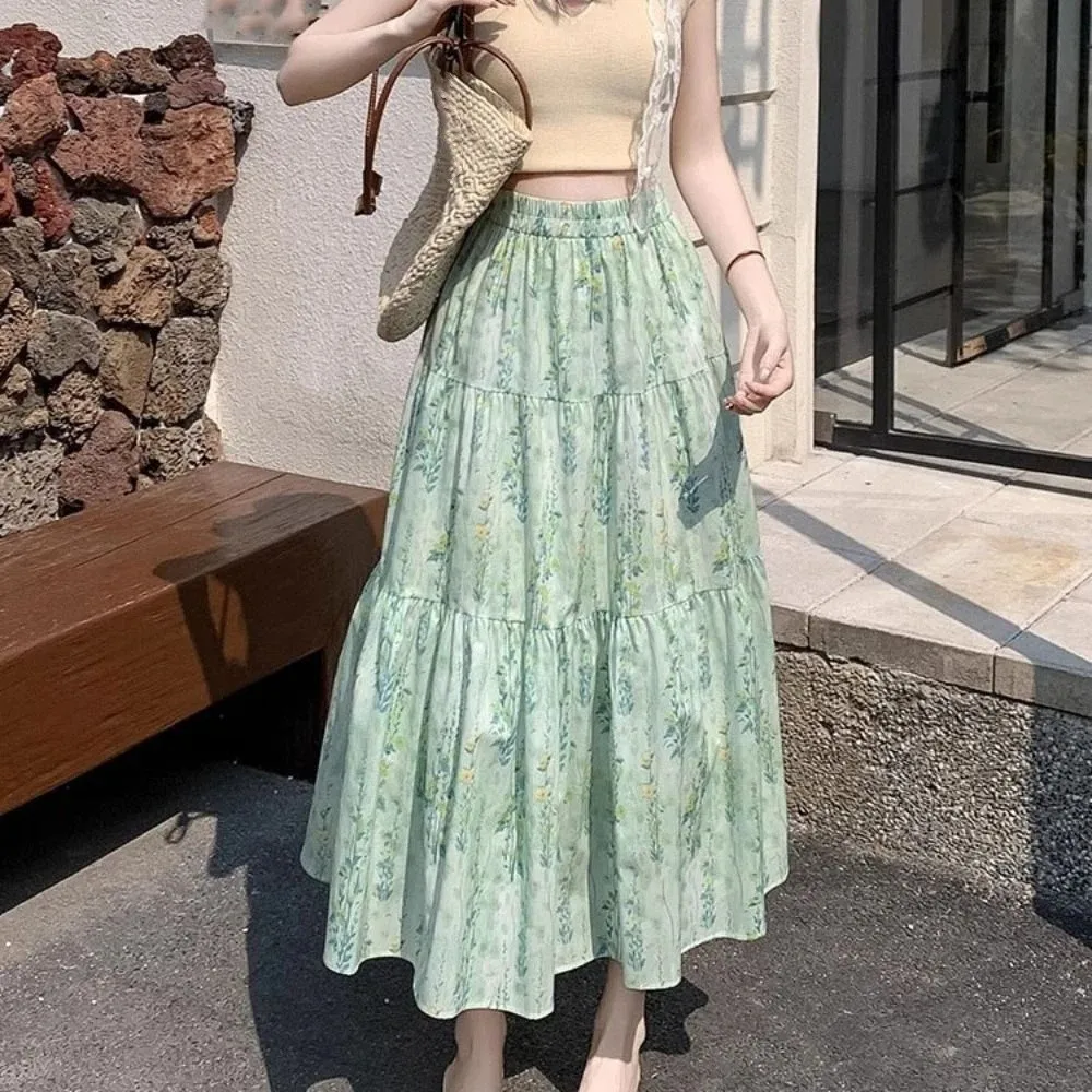 Gonna lunga floreale a vita alta streetwear Gonna lunga a vita alta patchwork sottile da donna Gonna a strati a trapezio con fiori dolci Ragazza