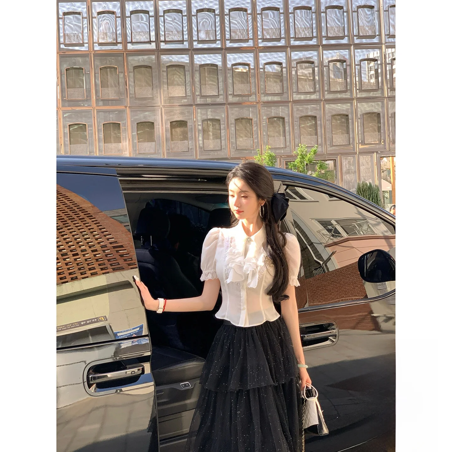 

Sy Summer Autumn Vintage Sle ort White irt with Wood ain Ruffle for Girls Collar Bubble Sve Polyester Blend