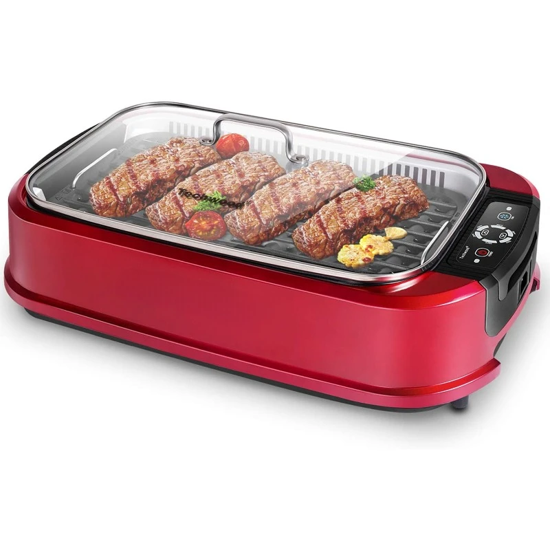 home.Smokeless Indoor Grill,    Grill Plates with Temperature Control, Removable Drip Tray, Tempered Glass Lid, Dishwasher-Safe