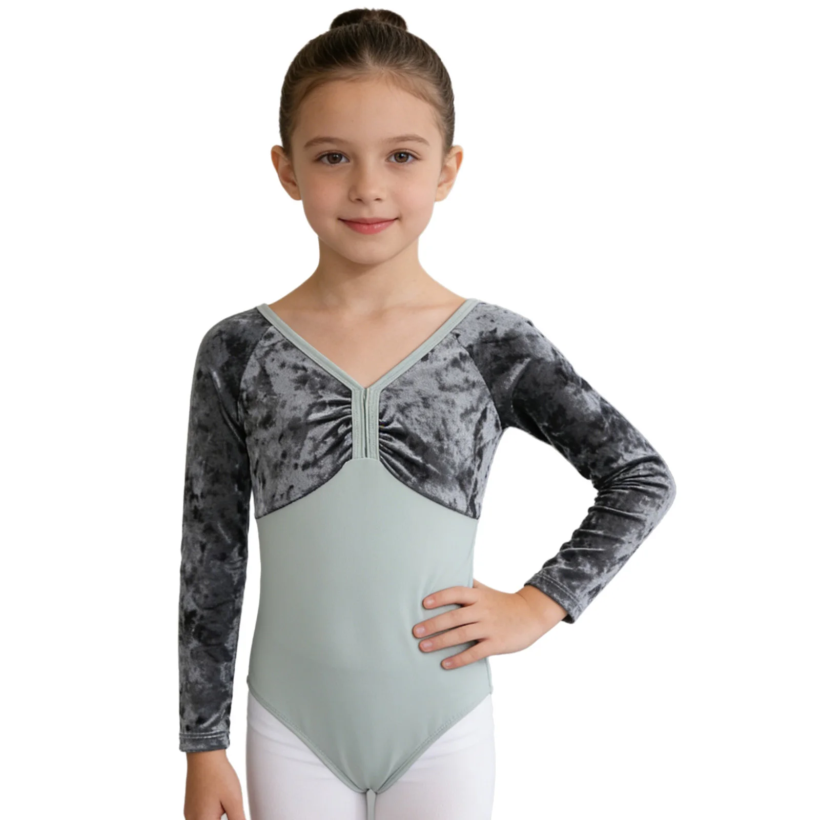 Kids Girls Velvet Ballet Dance Leotard Long Sleeve Ruched V-Neck Solid Color Patchwork Gymnastics Dance Bodysuit
