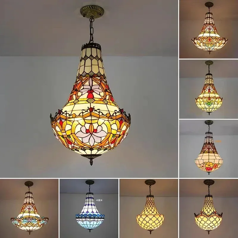 Tiffany Mediterranean Living Room Bedroom Dining Room Chandelier Mediterranean Vintage Stained Glass Staircase Pendant