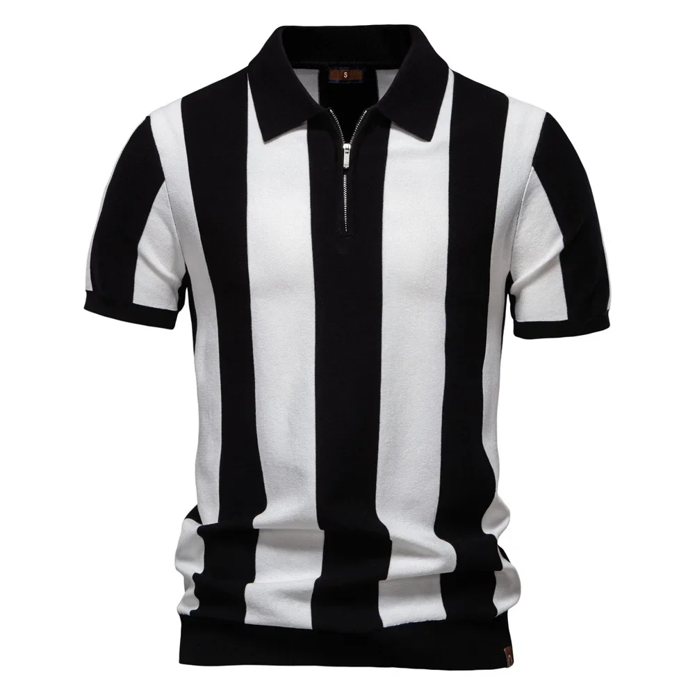 LIBIELIY 2025 Summer New Fashion Turn-down Collar Short Sleeve Knitted Polo Shirts Casual Trendy Striped Loose Polo Shirts Male
