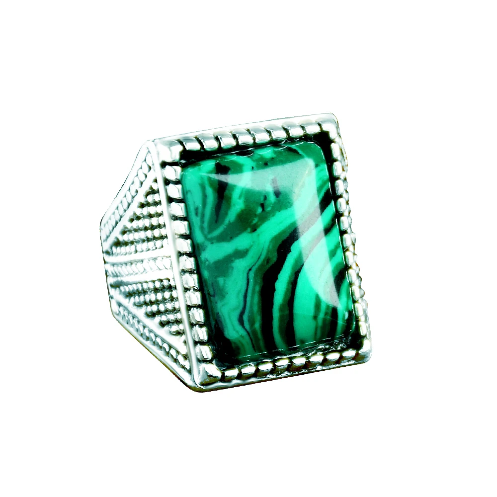 Yumfeel New Malachite Ring Men & Women Fashion Antique Silver Plated Setting Green Gemstone Retro Ring