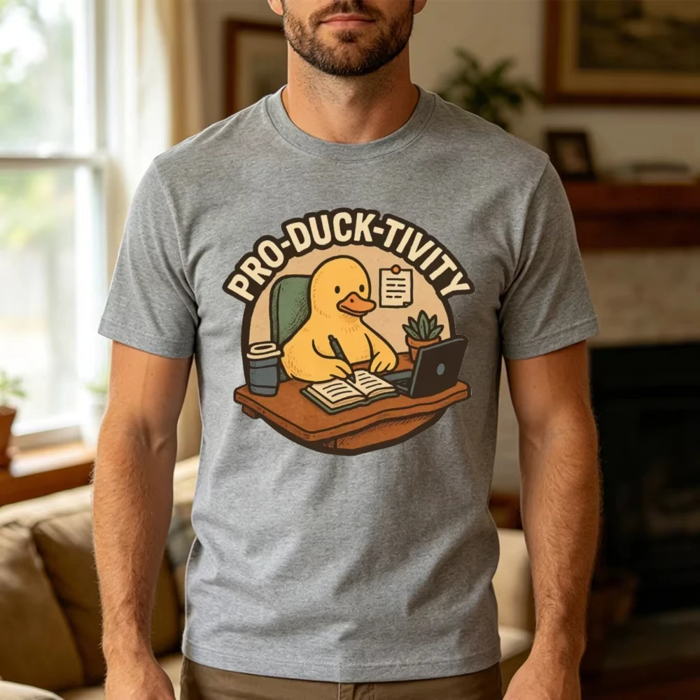 Pro-Duck-Tivity Funny Duck Working At Desk Office Humor Graphic T Shirt Men Casual Daily Wear Summer Short T Shirt