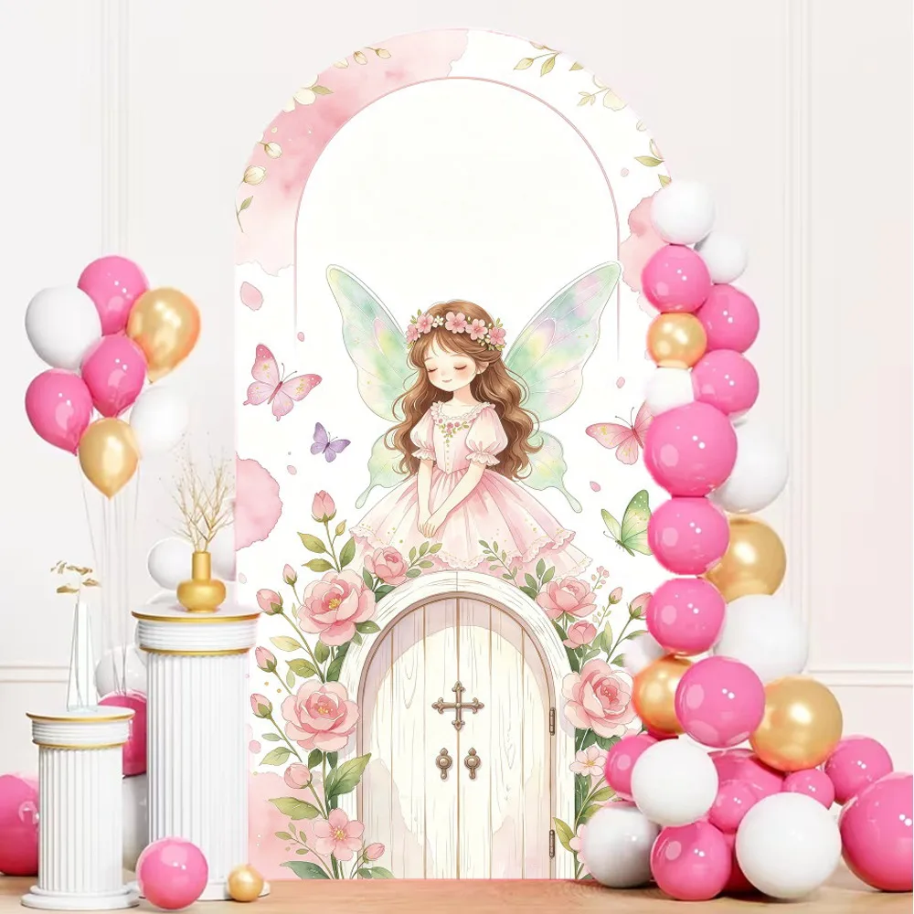 Fairy Mushroom House Elf Butterfly Arch Backdrop Cover Pink Flowers Fairy Tale  Girl 1st Birthday Party Decor Arched Background