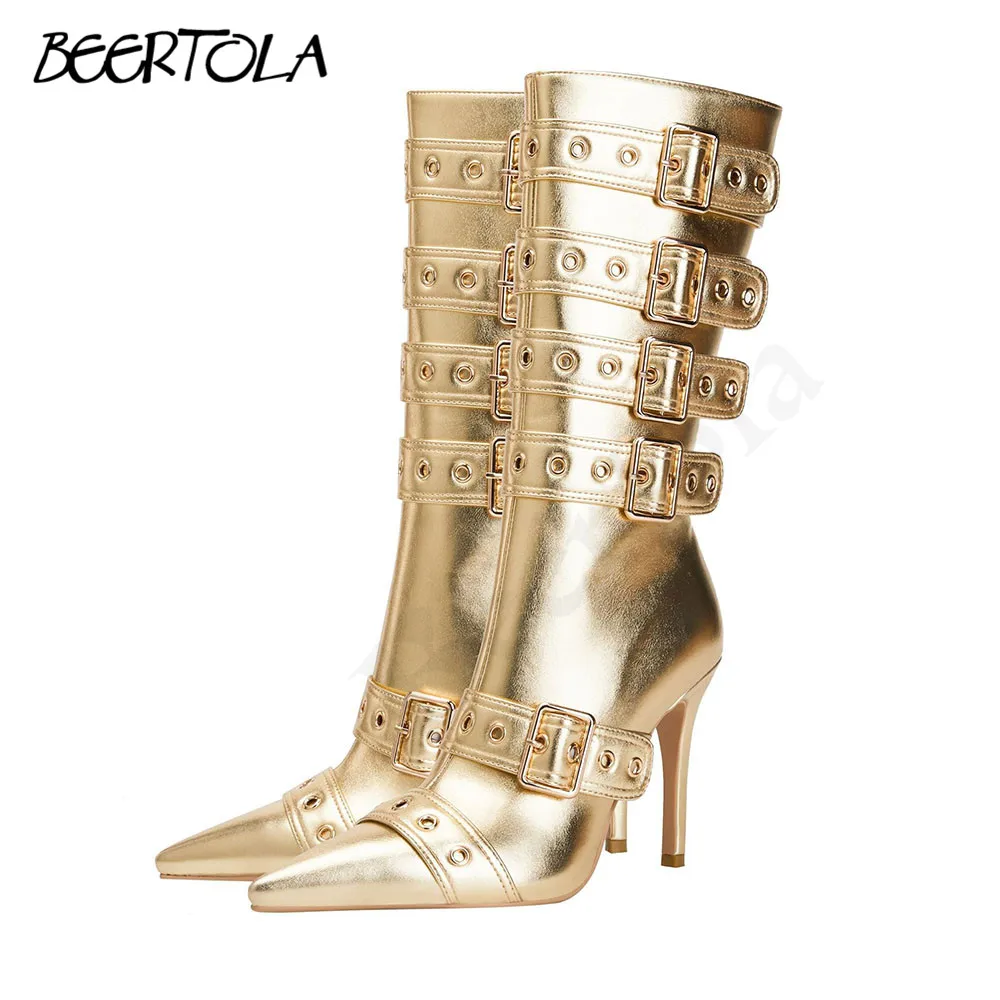 Gold Belt Buckle and Calf Boots Pointed Toe Stilettos Fashion Catwalk Boots Large Size Mid-Calf Boots Fashionable Women's Boots