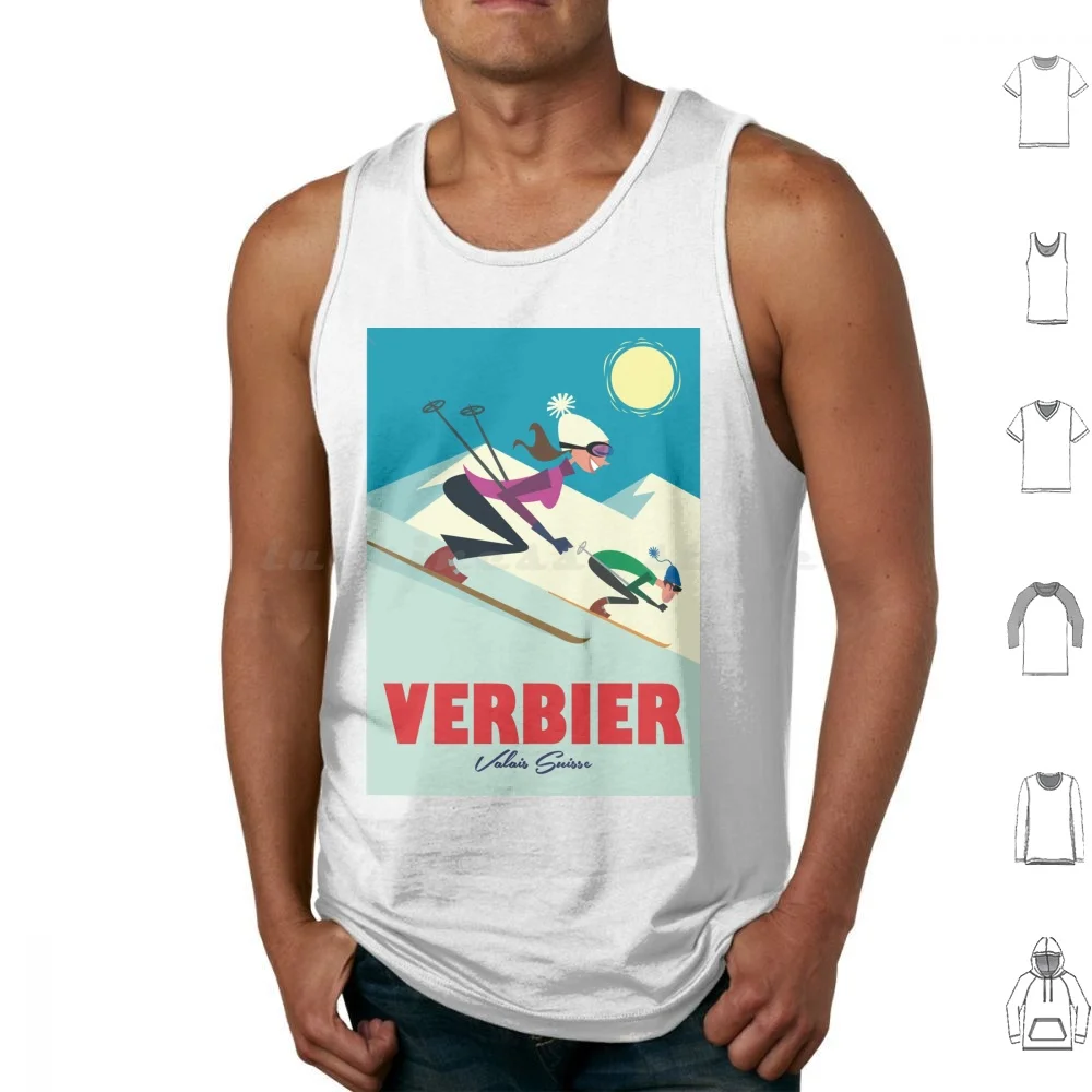 Verbier Ski Poster Tank Tops Print Cotton Verbier Switzerland Alps Alpes Alpine Village Canton Valais 4 Vallées Ski Area