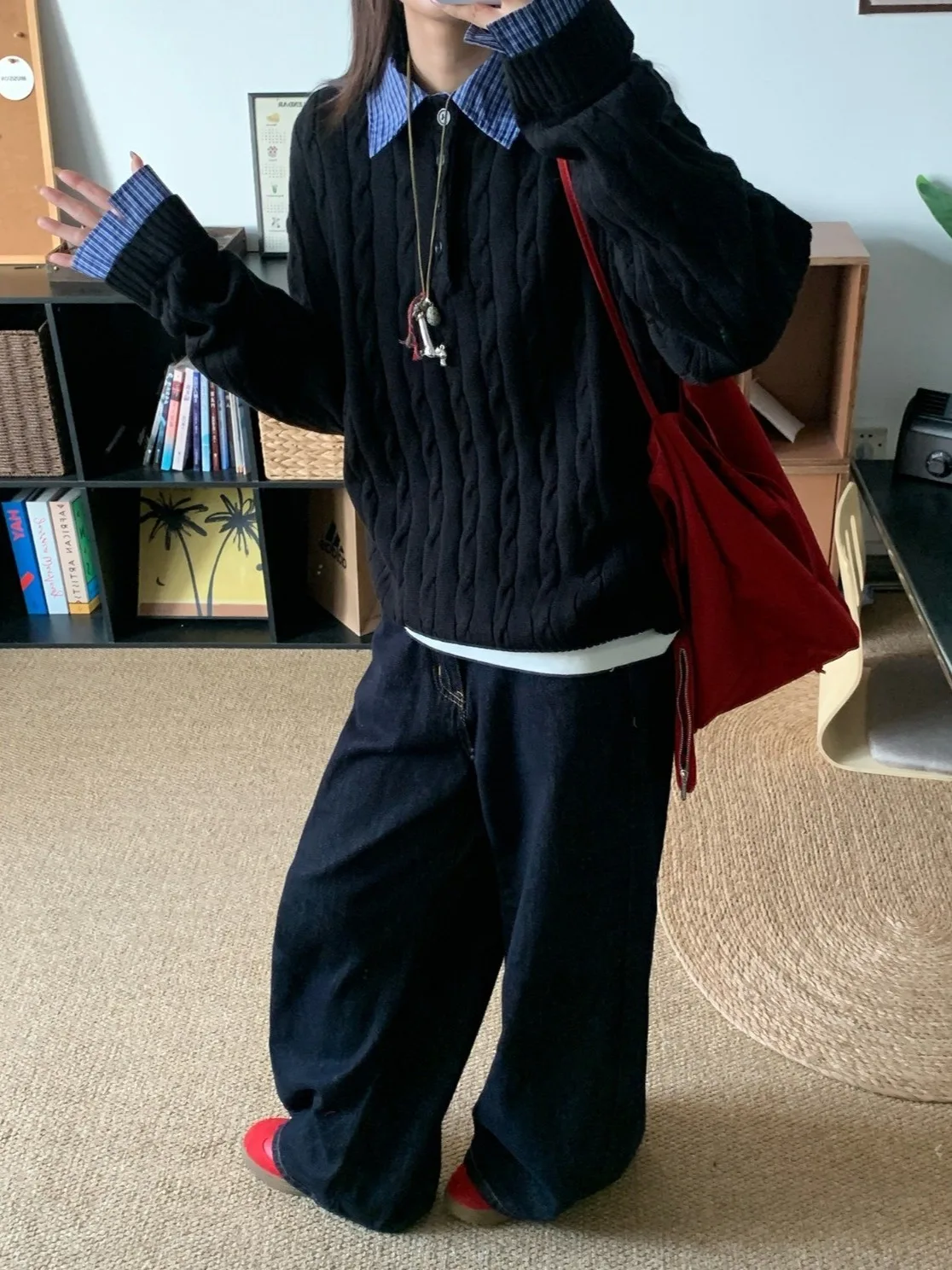 

Осенний корейский свитер из двух предметов с длинным светом и воротником-стойкой, мужской вязаный винтажный свитер с цветочным принтом, универсальный, модный