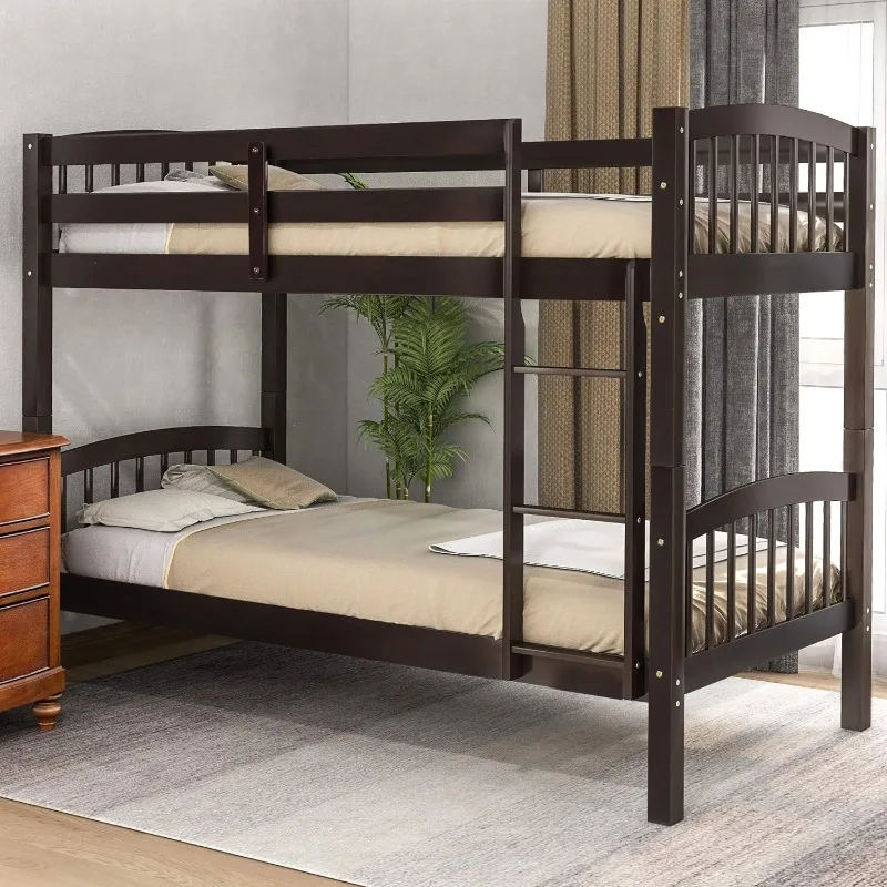 Twin Over Twin Bunk Bed with Ladder, Solid Wood Bunk Bed Frame for Kids Teens Adults, Bedroom, Dorm, Convertible into 2 Beds