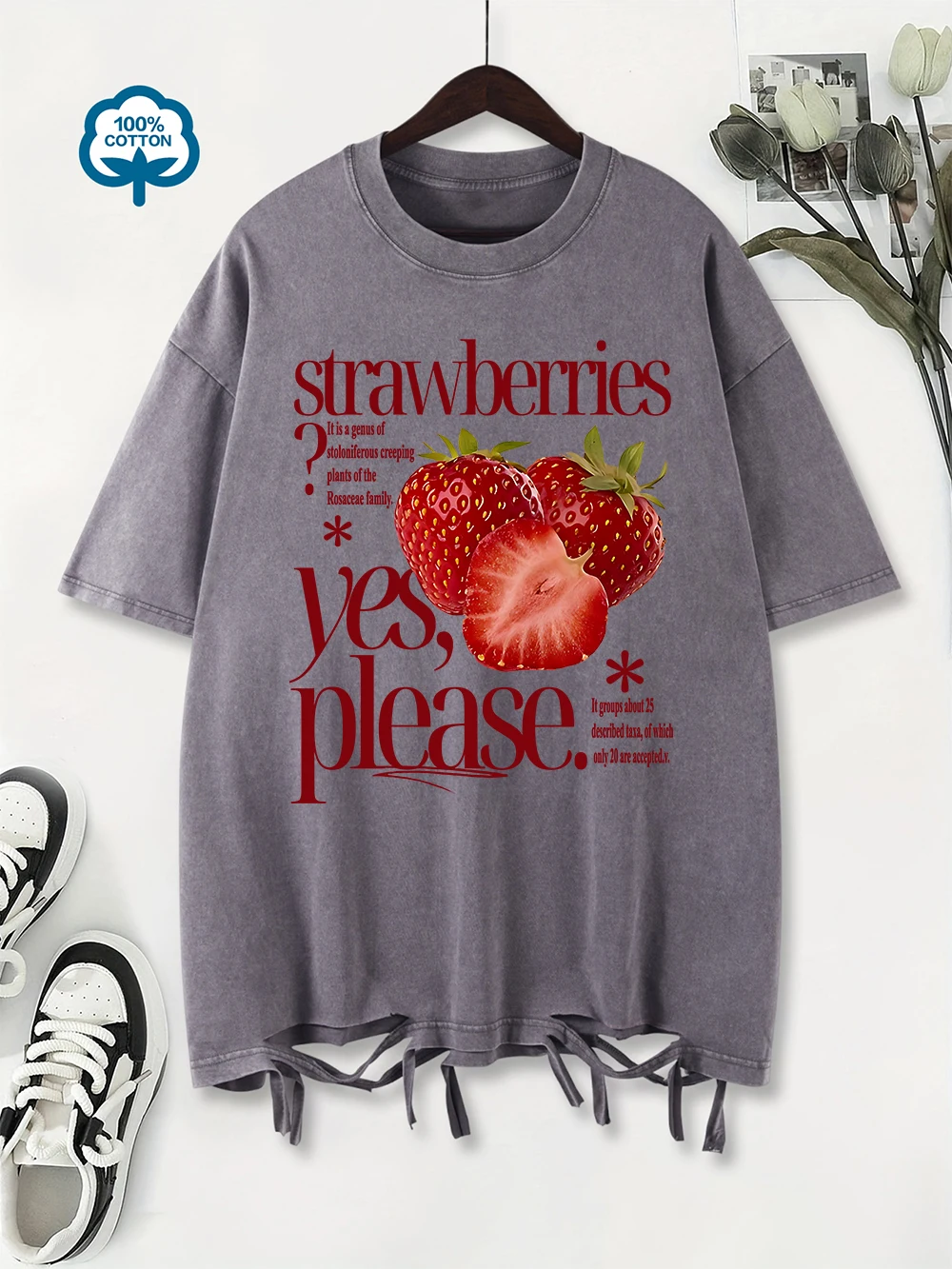 

Strawberry Yes，Please Printing Washed T-Shirt Womens Cotton Oversized Tops Distressed O-Neck Comfortable T Shirt Summer Clothes