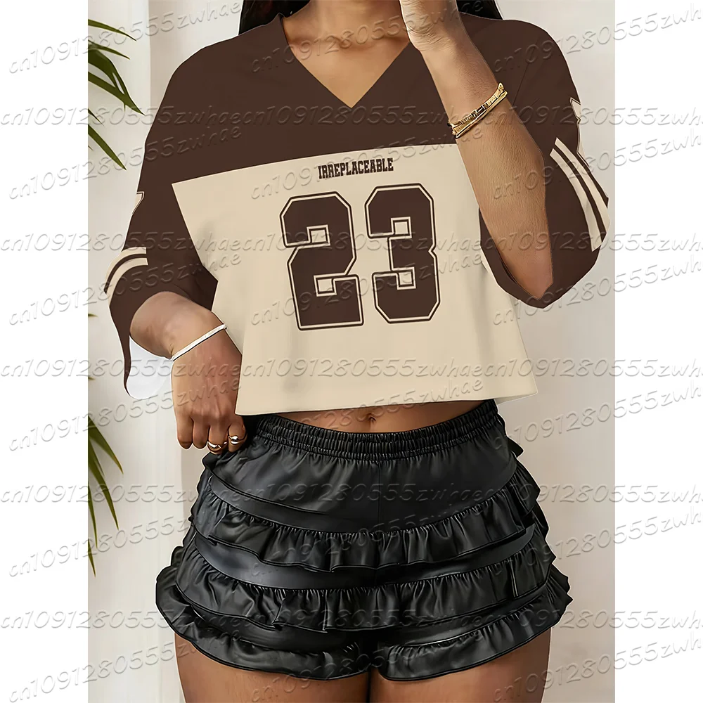 New Printed V-neck Short Sleeved T-shirt For Summer Women's Football Style Support Top Street Fashion Women's Top