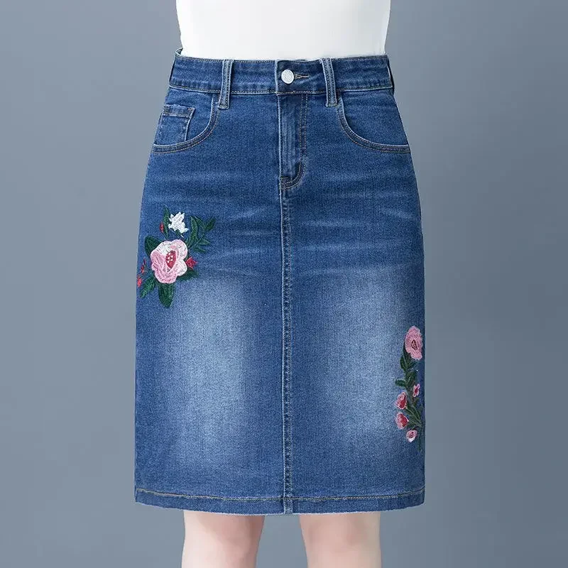 Women's Blue Embroidery Floral Denim Midi Skirt Korean Fashion Casual A-line Jean Skirts 2025 Summer