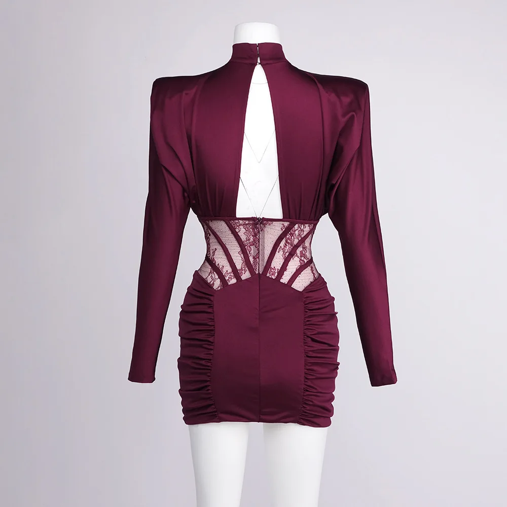 Mini abito di lusso con volant a collo alto rosso vino, vita in pizzo a rete, taglio sul retro, cocktail party, ballo di fine anno, abiti alla moda per ospiti