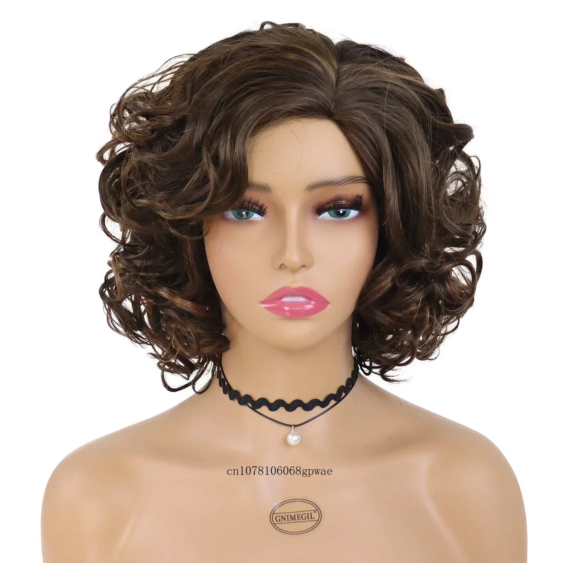 Synthetic Brown Wig for Women Afro Short Wigs Curly Hair Dark Root Ombre Wig Daily Natural Fluffy Side Parting Wig with Bangs