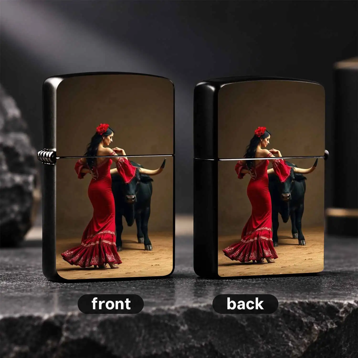 Flamenco Red Dress Dancer And Black Bull Art Print Lighter, Atmospheric Retro Decor Accessory, Suitable For Daily Carry, Travel, Commute, Gatherings And All Scenarios, Practical Unique Item With Exquisite Aesthetic Appreciation Value A Humo