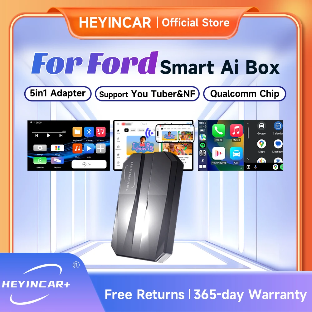 

2024 HEYINCAR Smart AI Box Android Auto Wireless CarPlay Adapter For Ford F150 Explorer BRONCO Maverick Mustang For YouTube Car