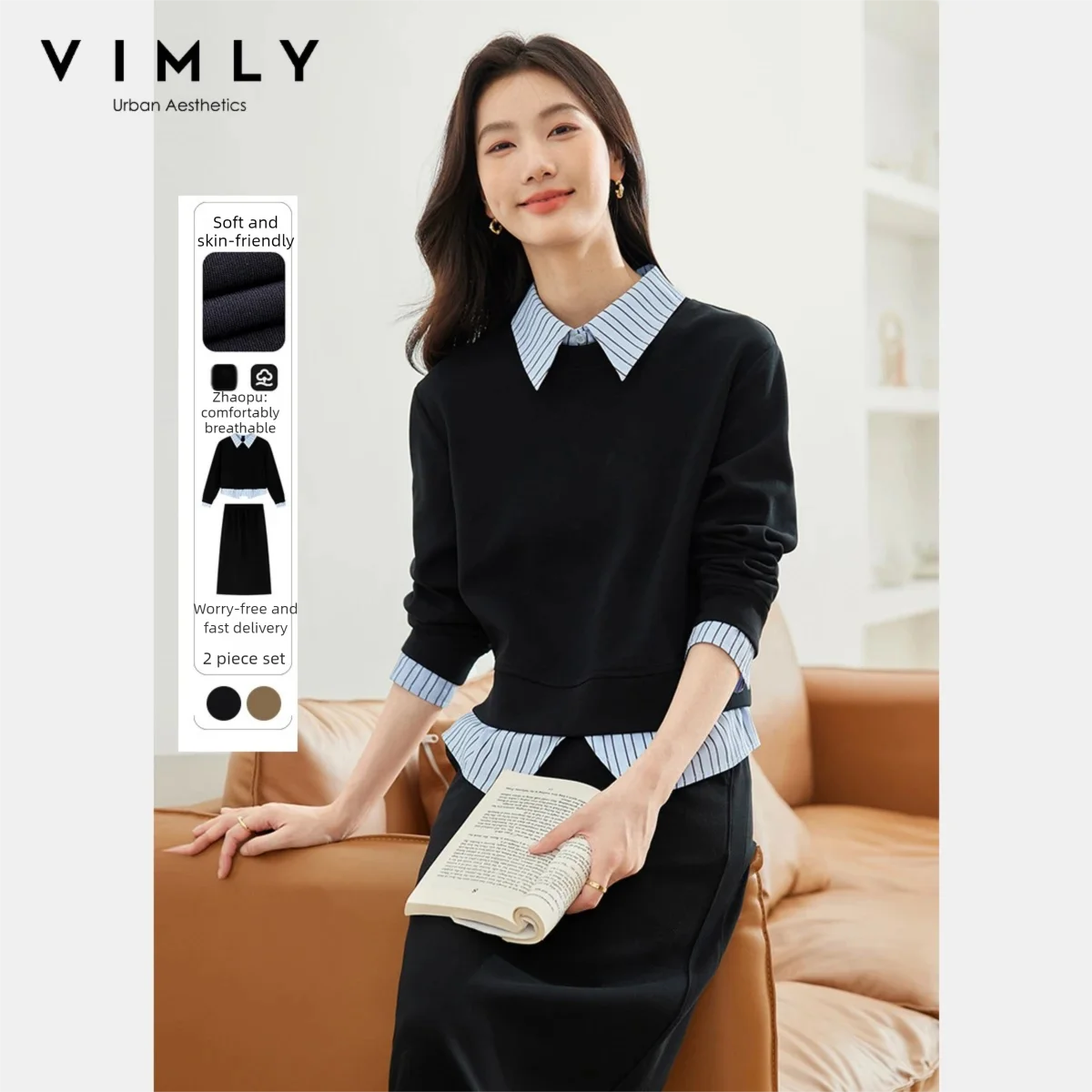 VIMLY Dames Casual Rok Set 2025 Herfst Nieuwe Mode Contrast Kraag Gebreide Trui Tops Eenvoudige Rechte Lange Rokken 73576