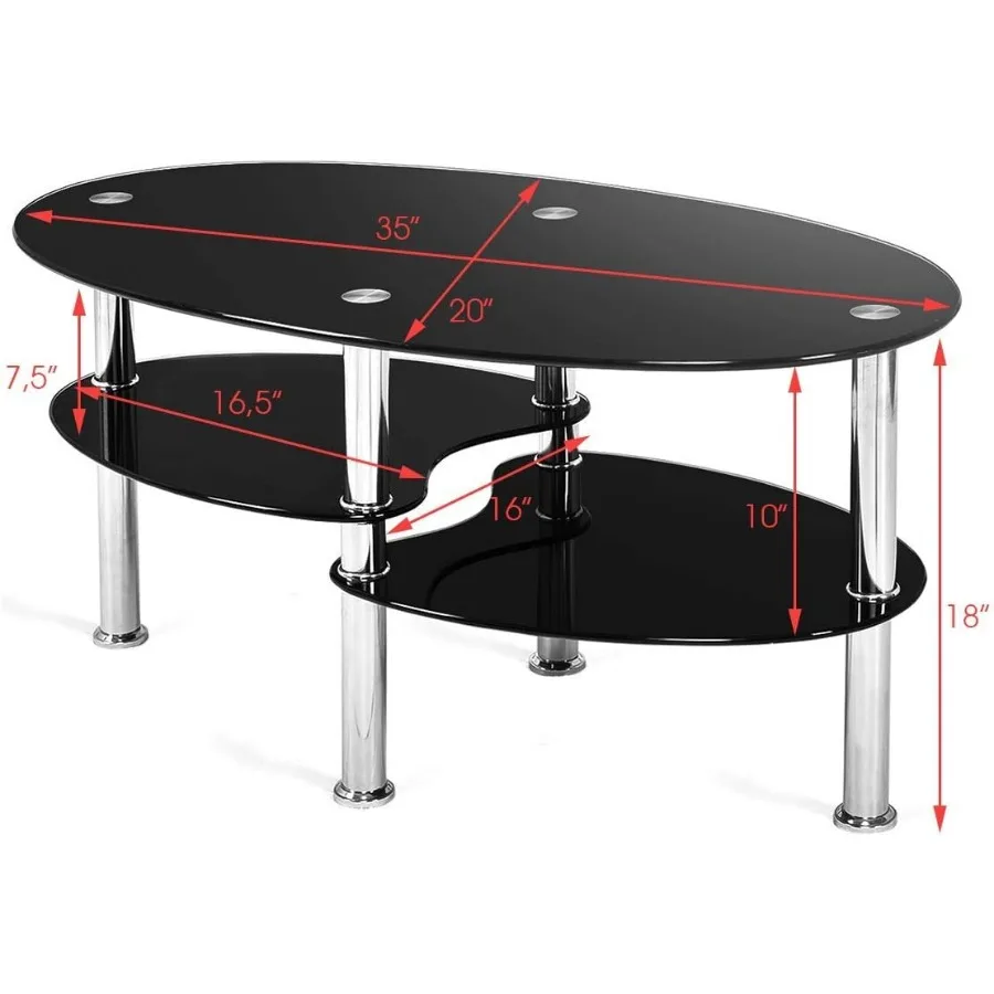 Glass Coffee Table, Modern Style Glass Shelves with Steel Legs for Living Room, Cocktail Tea Table (Black Glass)