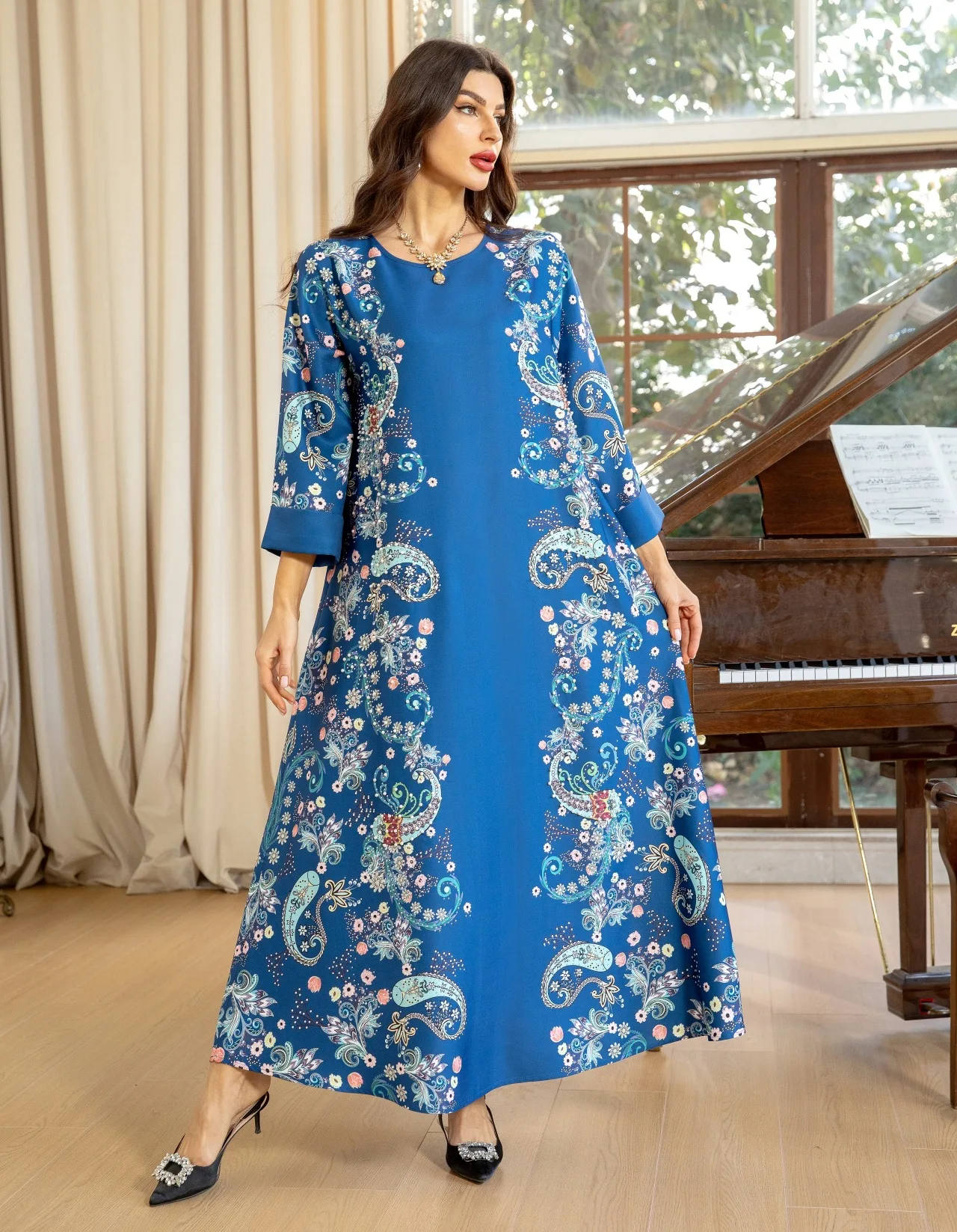 Floral Printed Abaya Loose Robe Pearls Diamonds Long Dress Elegant Round Neck Jalabiya Eid Gown For Muslim Women Islamic Kaftan