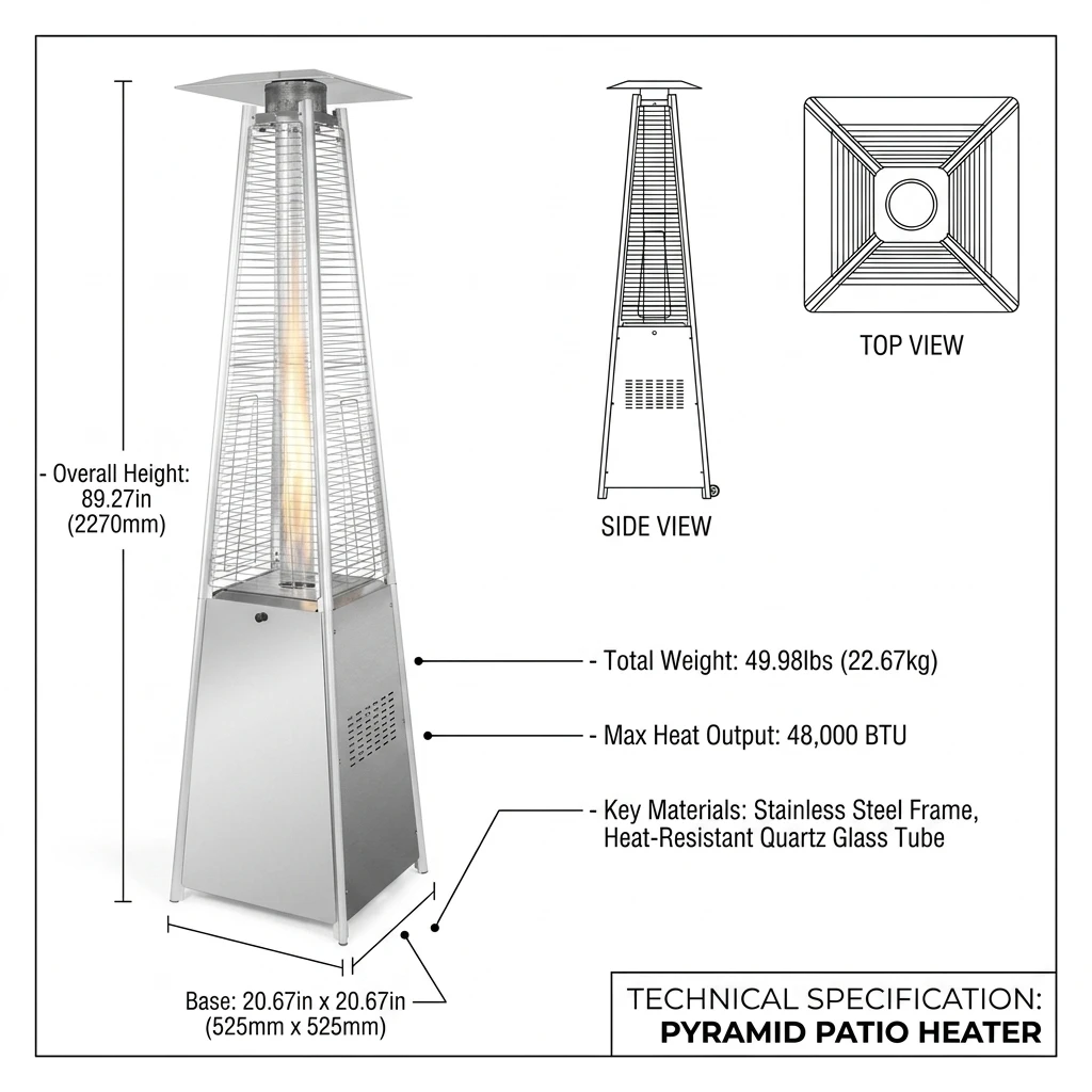 Stainless Steel Pyramid Patio Heater Weather-Resistant Propane Gas Heater with Protective Glass Guard