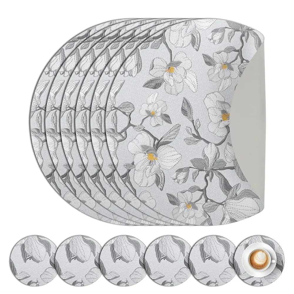 

Набор круглых подставок под тарелки из искусственной кожи, 6 штук, с подставками под чашки, 13 дюймов, нескользящие, термостойкие, двусторонние, серые, с цветочным узором, Washa