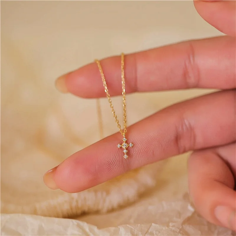 

S925 Sterling Silver Cross Zircon Pendant Necklace Clavicle Chain Women Vintage Fashion Jewelry Girl Holiday Party Show Gift