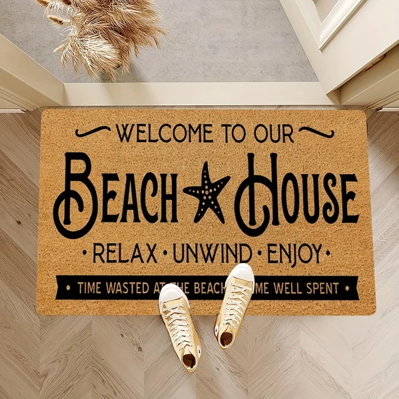 Welcome To Our Beach House Starfish Print Doormat Non Slip Coir Look Entrance Rug Indoor Front Door Floor Mat Home Decor