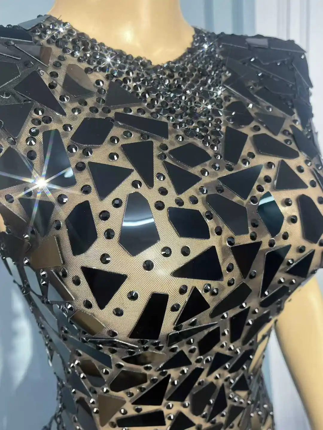 Vestido de lujo negro brillante con espejos y diamantes de imitación, vestido Sexy de malla transparente para mujer, vestido de fiesta de cumpleaños y cóctel de noche, disfraz de alfombra roja