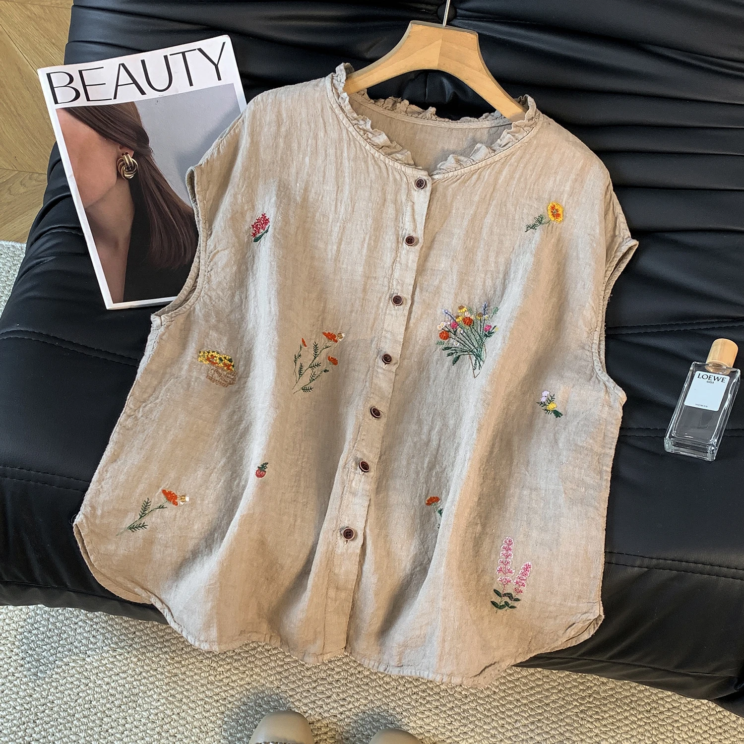 

Summer New Casual Versatile Wooden Lace Trim Linen Embroidered Open Cardigan Svel Thin Women's irt Breathable Lo...