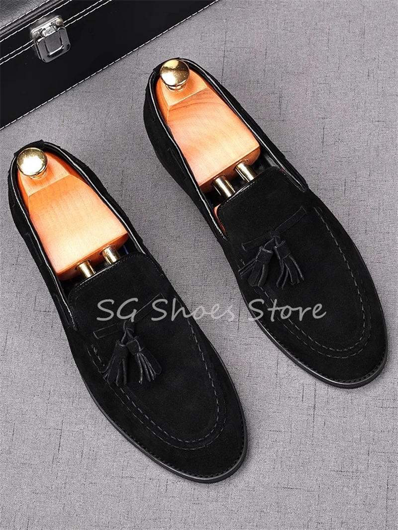 British Style Faux Suede Tassel Flats for Men Fashion Soft Bottom Shallow Slip-On Loafers Male Business Wedding Dress Shoes