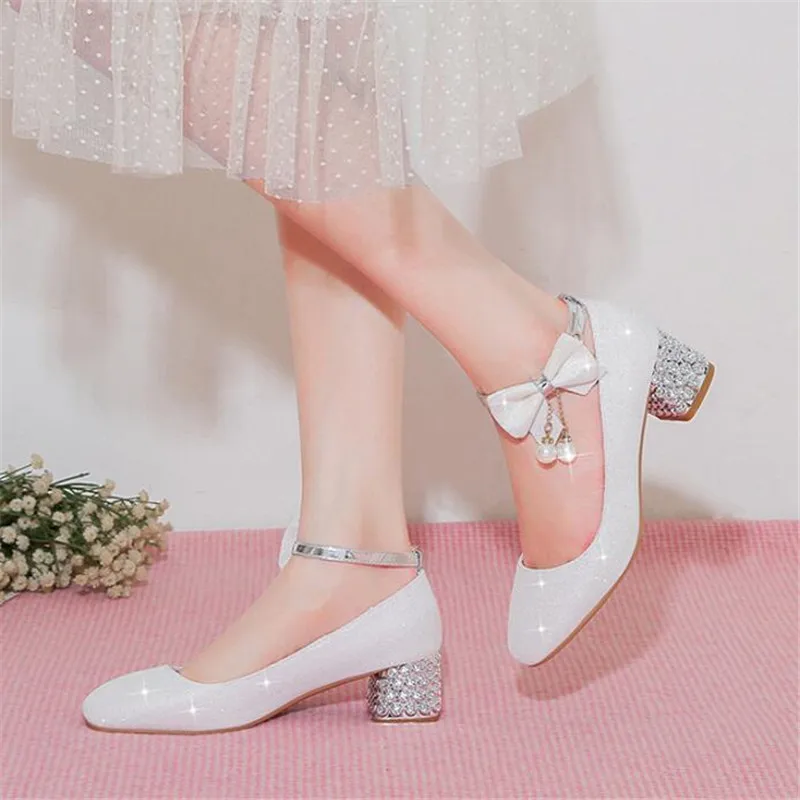 Girl Princess Shoes White Leather Performance Shoe Crystal High Heel Shoe For Kids