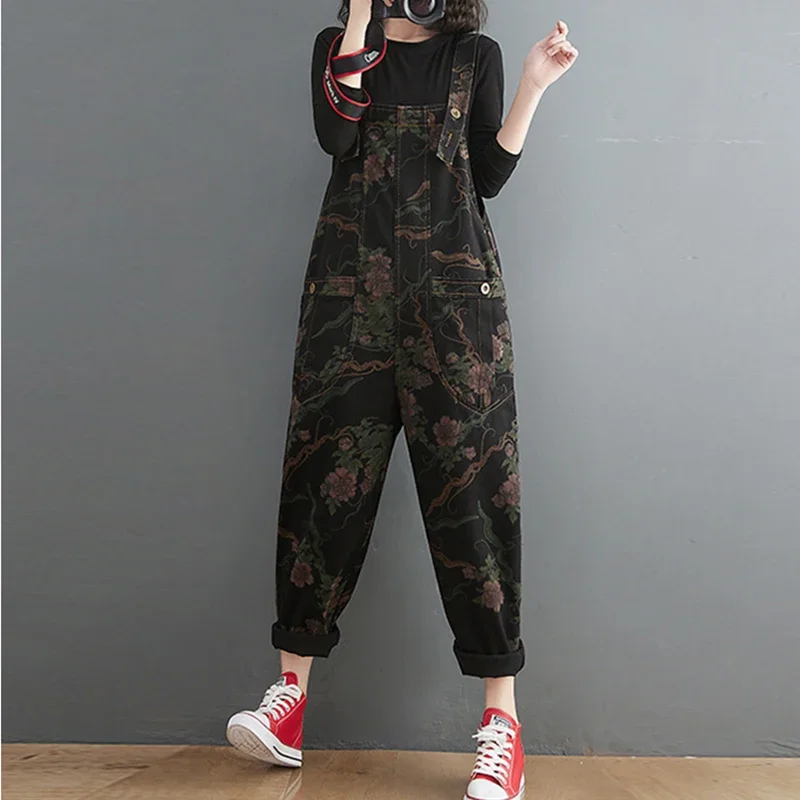 خمر طباعة الأزهار الأسود الدنيم المرأة بذلة الشارع الشهير المتضخم دنغري فضفاض واسعة الساق الجينز وزرة البضائع السراويل الفضفاضة