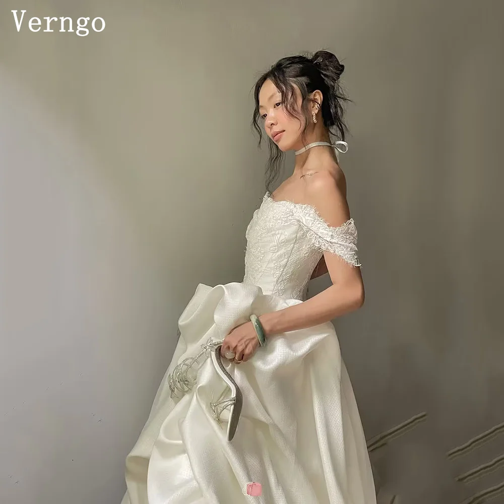 

Verngo lvory Satin Wedding Dress Strapless A Line Lace Formal Occasion Dresses Sweap Train Bride Gowns Customized