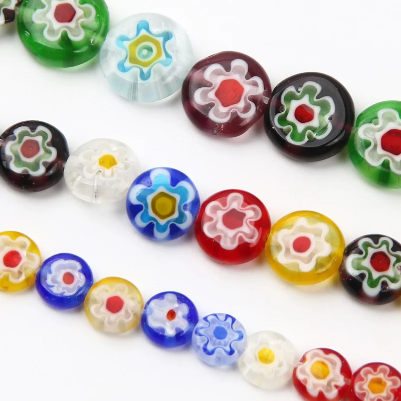 Millefiori Lampwork kwiaty koraliki przeszklone koraliki szklane płaskie okrągłe luźne koraliki dystansowe do tworzenia biżuterii DIY akcesoria