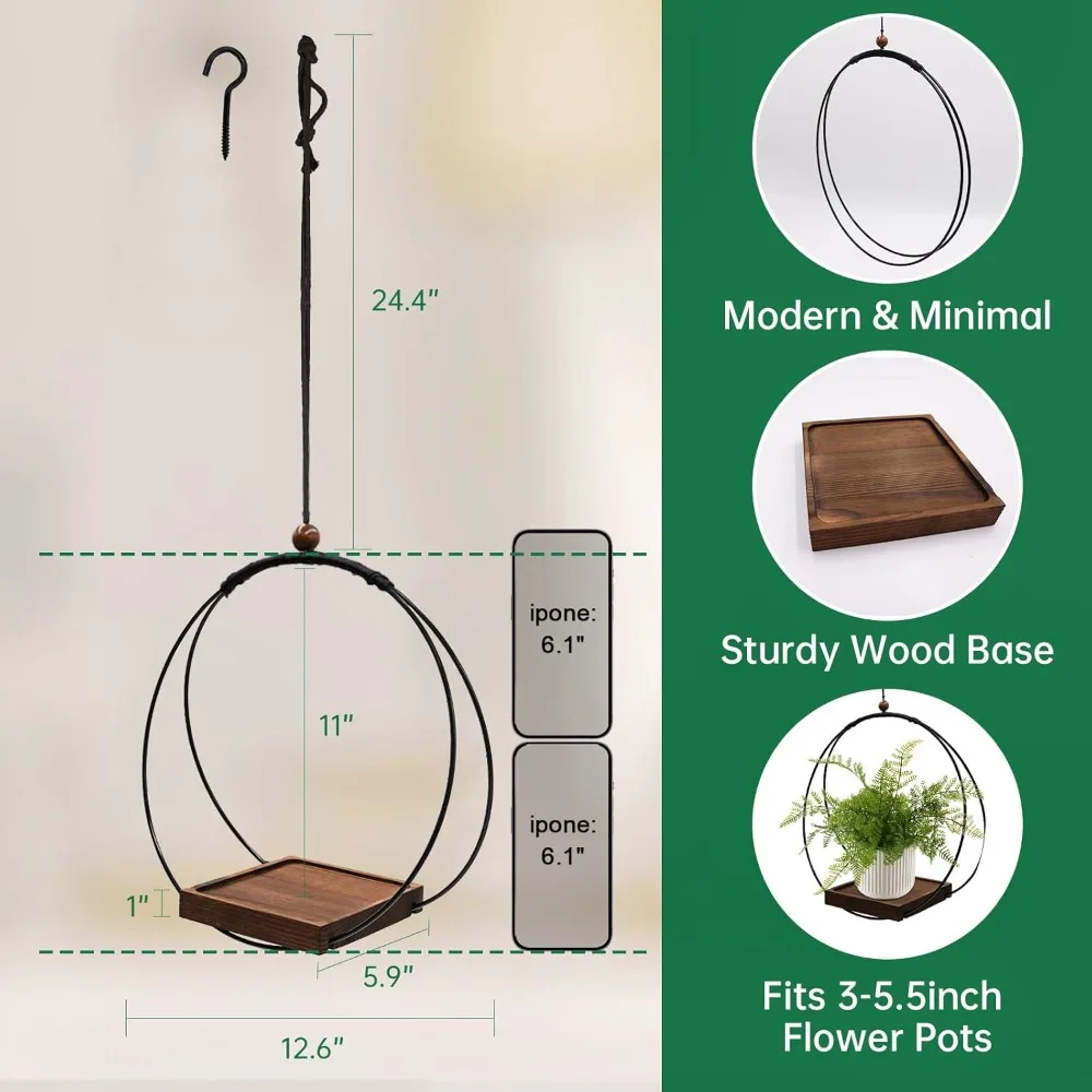 Hanging Planter for Indoor Plants with Sturdy Wood Base Modern Boho Macrame Plant Hanger Hanging Wall Ceiling Window Home Decor