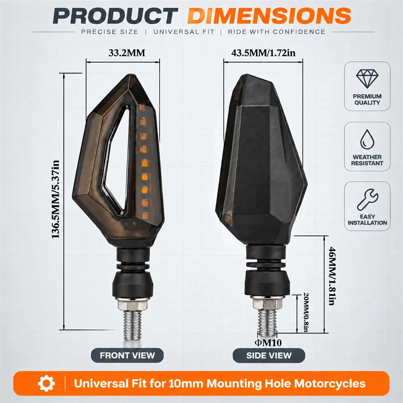 Motorcycle Turn Signal LED Light 12V 10mm Universal Daytime Running Light Dual-Color Indicator Blinker Braking Lamp Signal Light