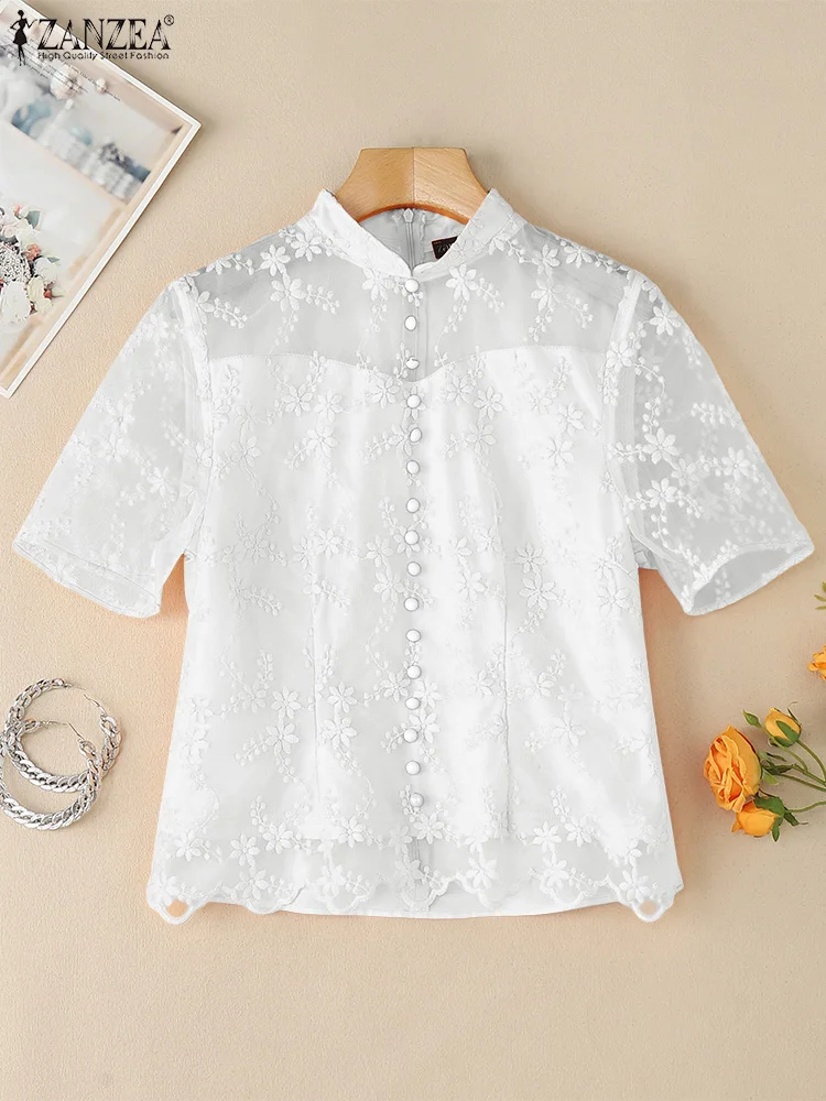 

ZANZEA Women Elegant Short Sleeve Blouses 2025 Summer Embroidered Shirts Fashion Lace Crochet Holiday Tops Casual Work OL Blusas