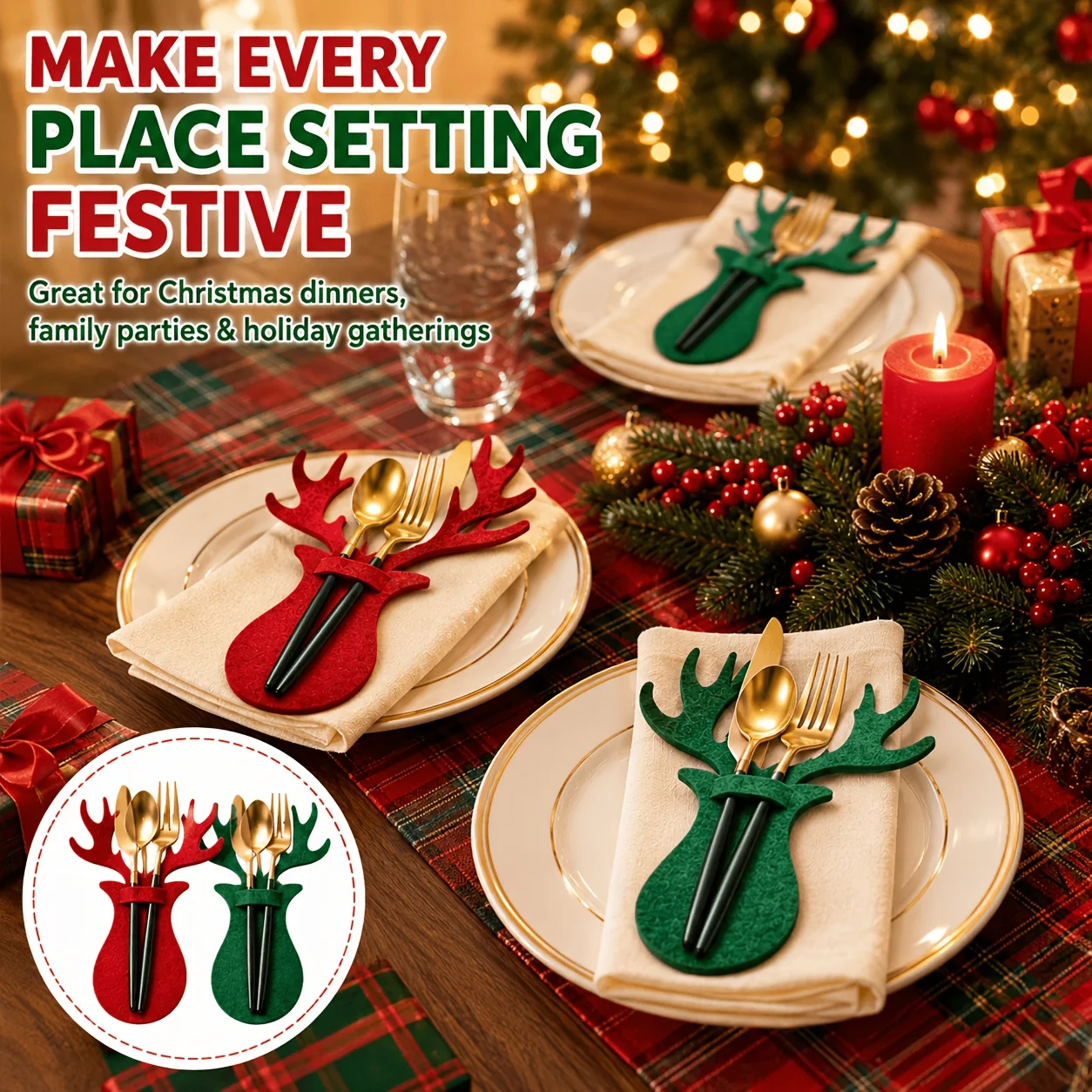 24pcs Christmas Reindeer Felt Tableware Bags Reindeer Horn Knife And Fork Storage Sets Christmas Table Decoration Felt Tableware