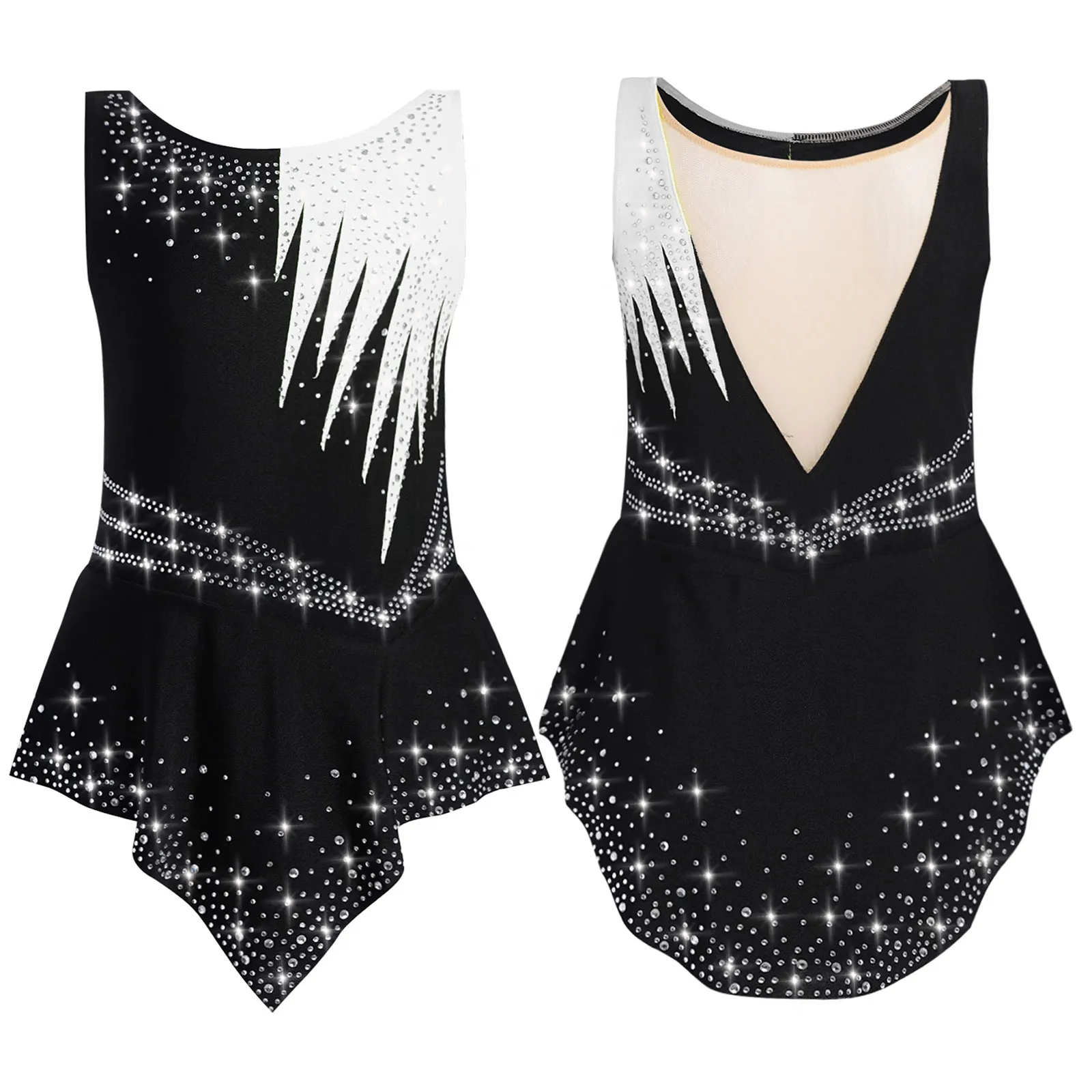Kids Girls Rhythmic Gymnastics Sleeveless Leotard Rhinestones Contrast Color Bodysuit Ballet Competition Performance Costume