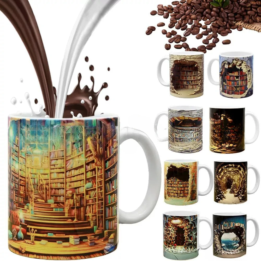

1PCS 3D Bookcase Pattern Printed Mug Ceramic Coffee Milk Mug Suitable for Home Restaurant Novelty Design Tea Cups Festival Gifts