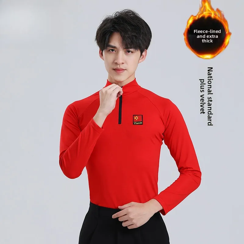 New Autumn Winter Men's Latin Dance Long Sleeve Top with Fleece Lining Perfect for Dance Practice Ballroom Standard Dancing