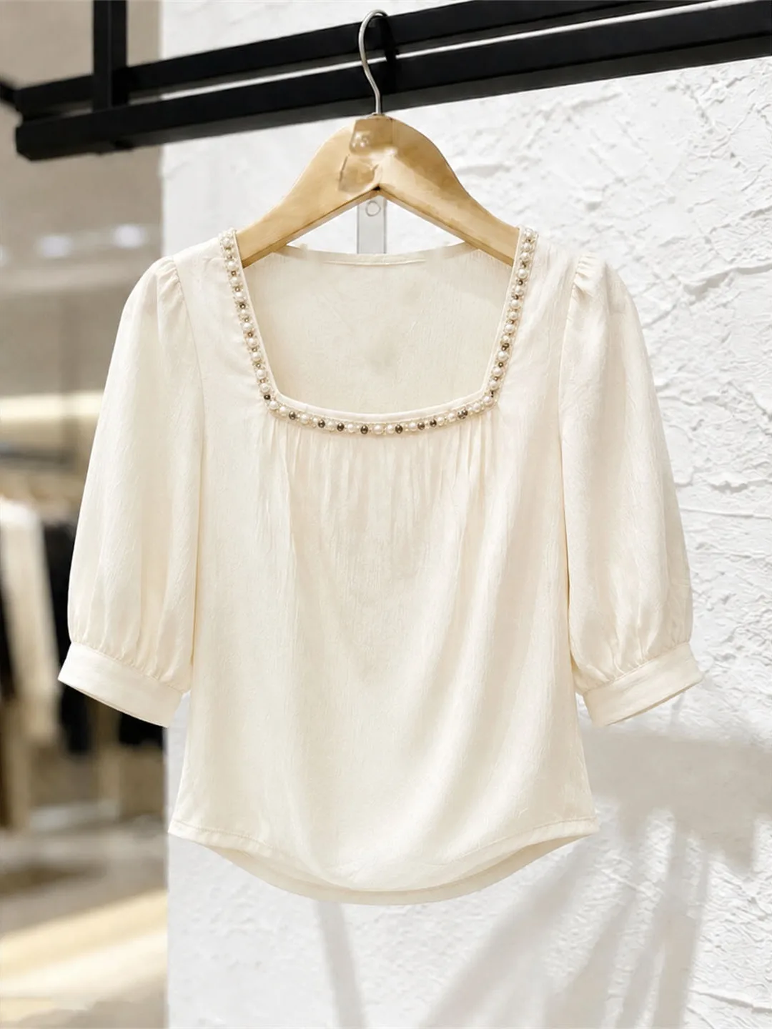 Elegant Heavy Embellished Square Collar Comfortable Women's Shirt Anti-Uv Fashionable Commute Style Five Sleeve Summer Top
