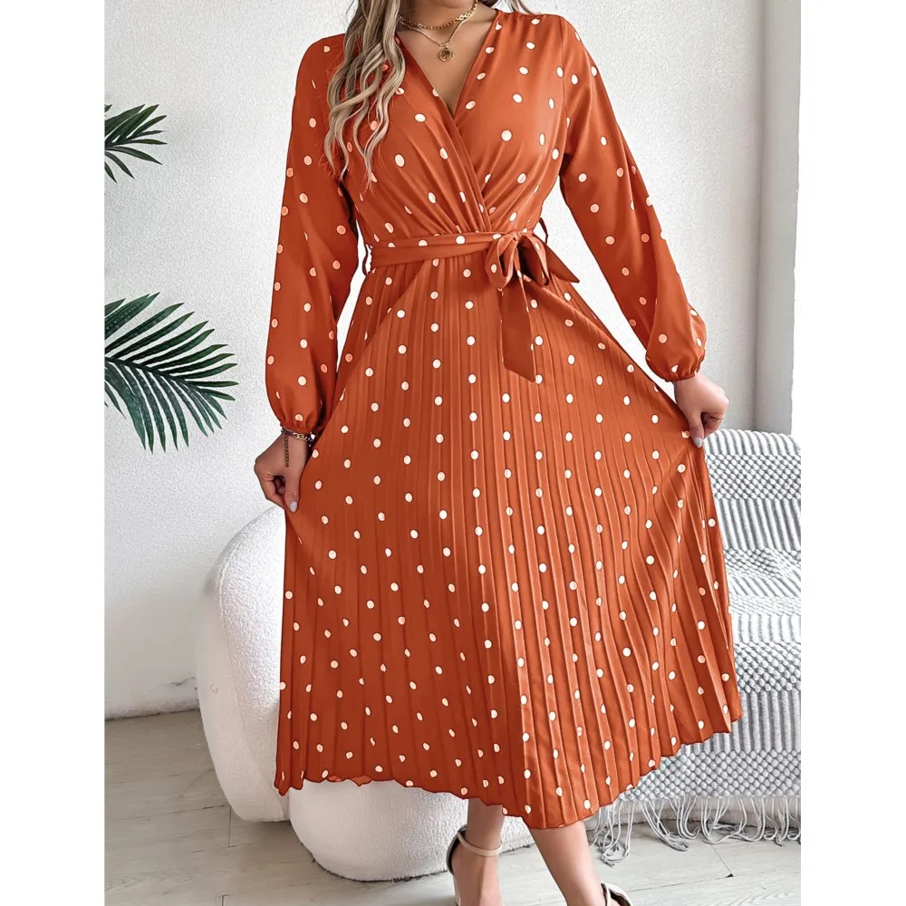 Autumn Winter Elegant Contrasting Wave Dot Cross V-neck Pleated Long Dress 2024 Elegant Women\'s Lace Up Pullover Big Swing Dress