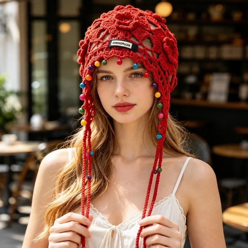Openwork Crochet Knitted Beanie Drawstring Strap Color Bead Tassel Crochet Headwrap Hand‑hooked Craft Soft Yarn Fabric Boho Hat