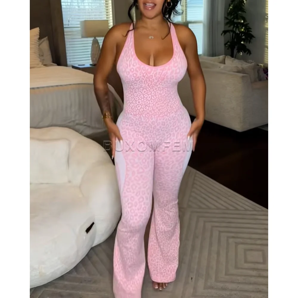 

Women's Leopard Print Cross Back Seamless Flared Jumpsuits Ladies Stylish One-Piece Yoga Set Female Sleeveless Elastic Bodysuits
