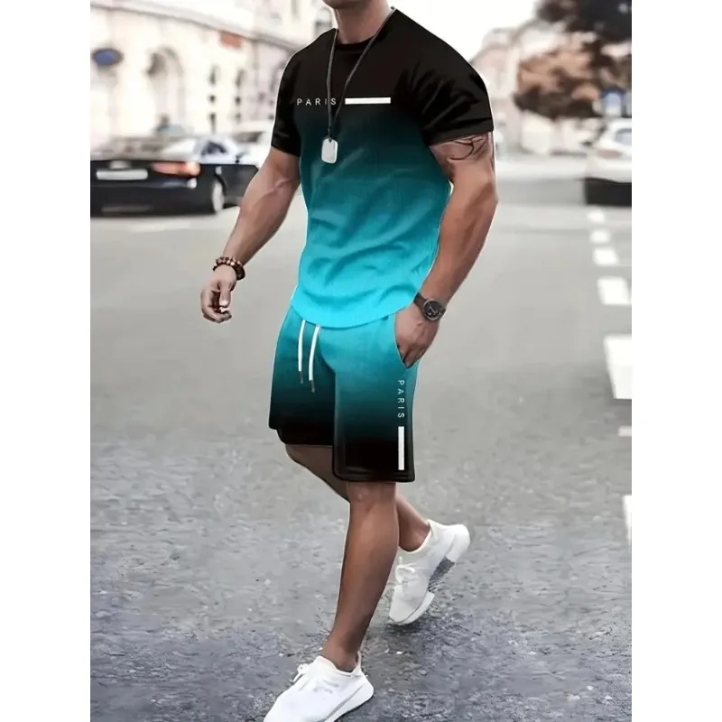 2025 Summer Creative 3D Printed Trendy Casual Men's Short Sleeved Shorts Set Beach Vacation Casual Wear